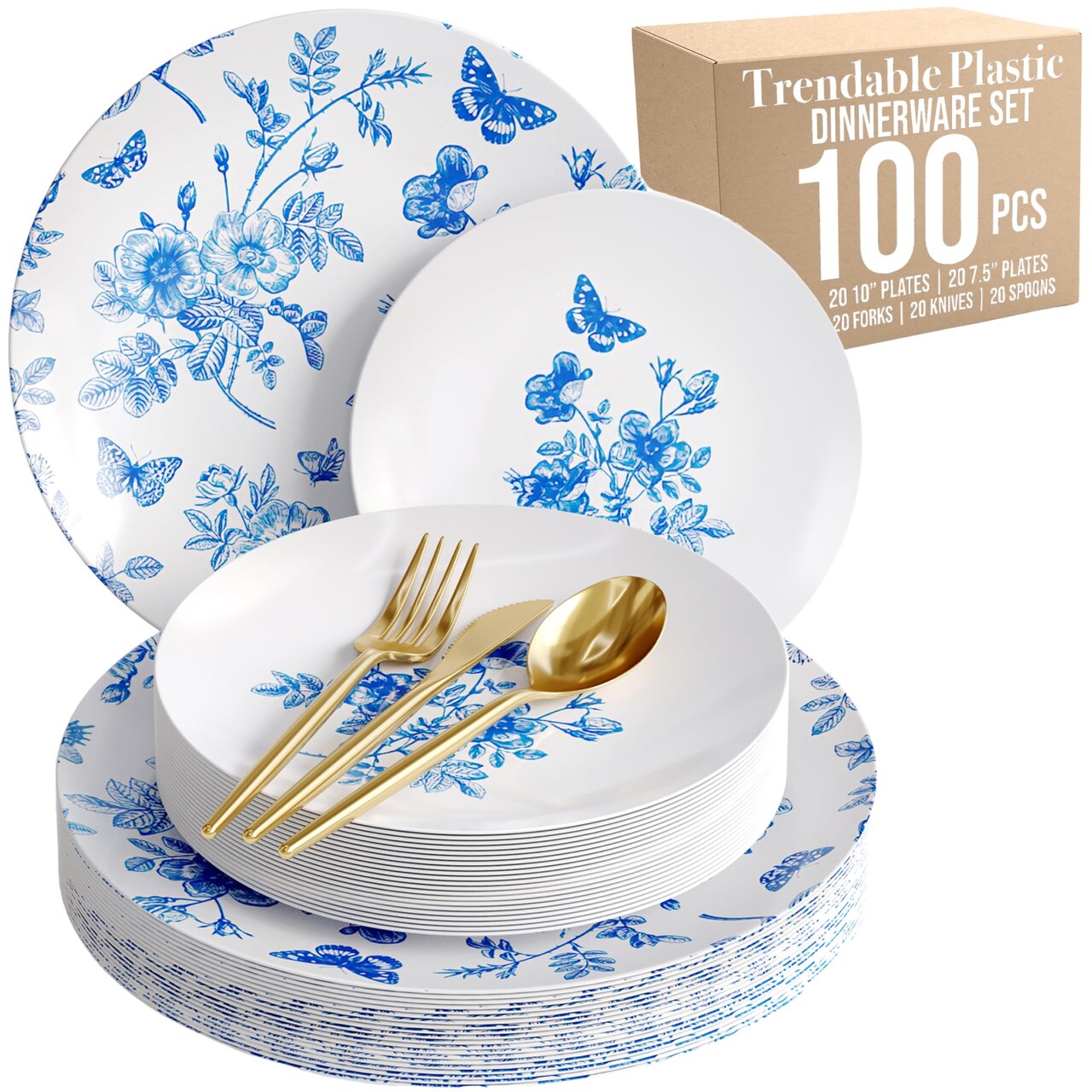 Trendables Fancy Plastic Dinnerware Sets Gold Silverware Disposable 20 X 10 Inch Charger Plates 20 X 8 Inch Dessert Plates 20 x Gold Plastic Forks and Spoons Knives